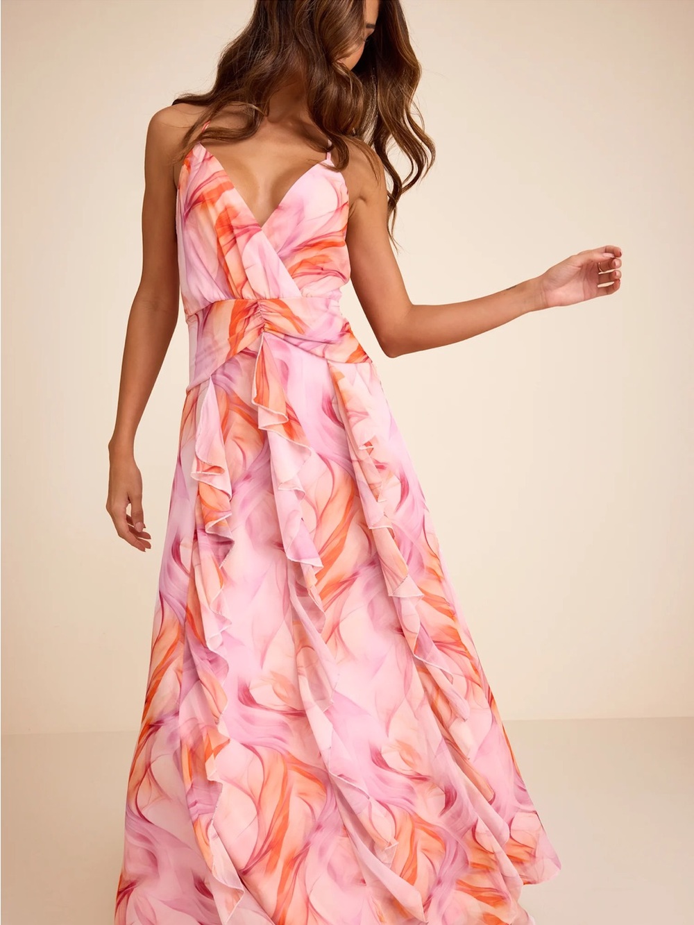 Lulu's Pink & Orange Swirl Ruffle Wrap Maxi Dress